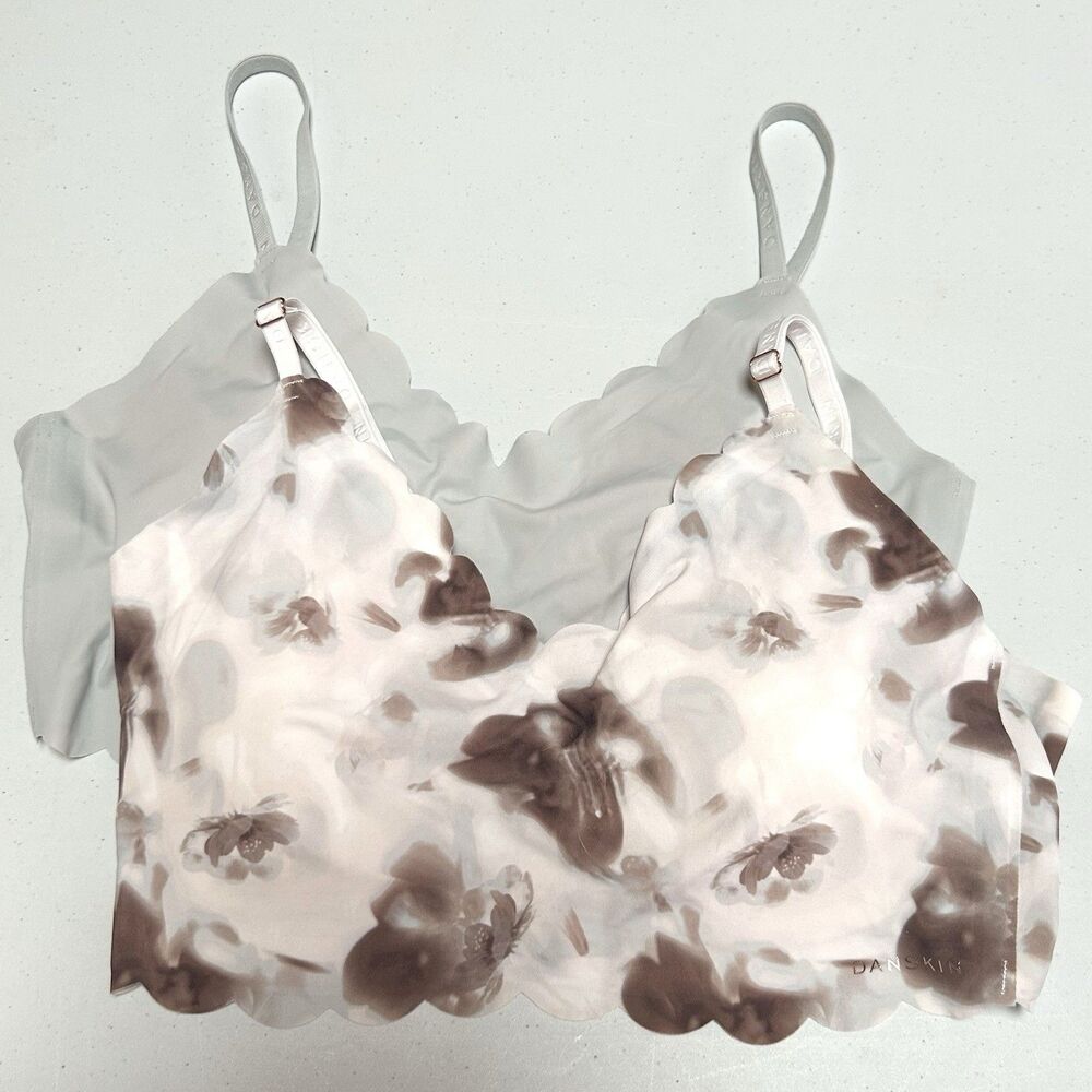 Danskin Intimates Bralette XL Lot 2 Seamless Wireless Scallop Floral Gray